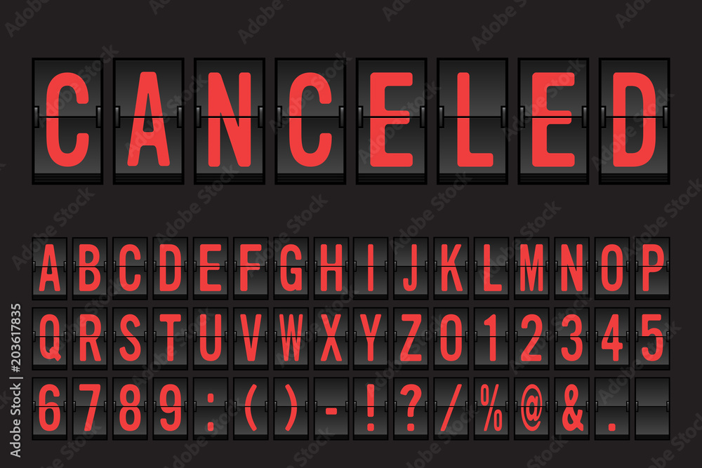 Airport Mechanical Flip Board Panel Font - Red Font on Dark Background Vector Illustration