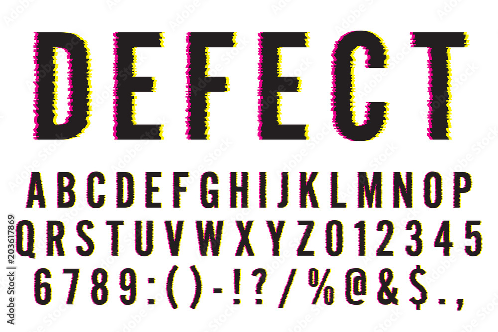 Obraz premium Trendy Distorted Glitch Font Typeface Letters, Numbers and Symbols Vector Illustration