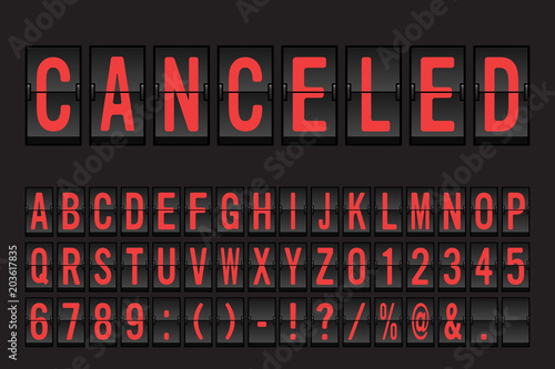 Airport Mechanical Flip Board Panel Font - Red Font on Dark Background Vector Illustration