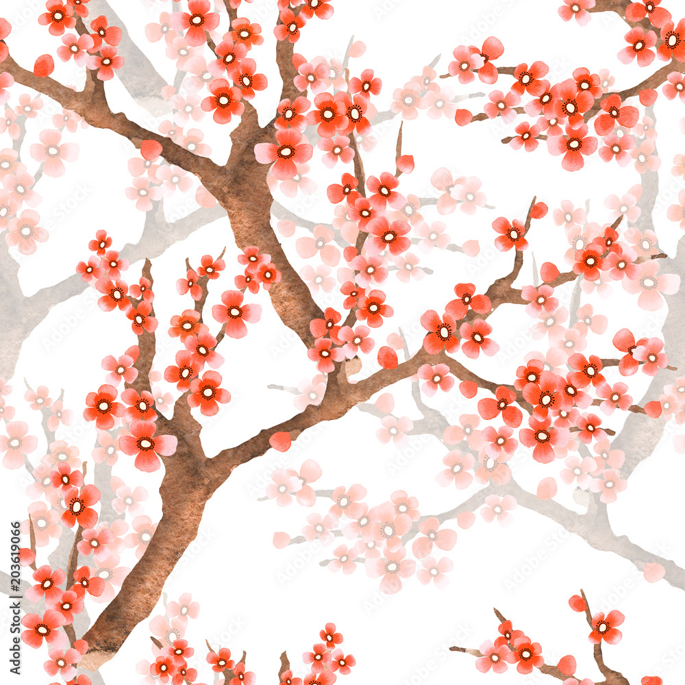 Obraz premium spring floral seamless pattern with flowering sakura in hand drawn watercolor style. Romantic background on white.
