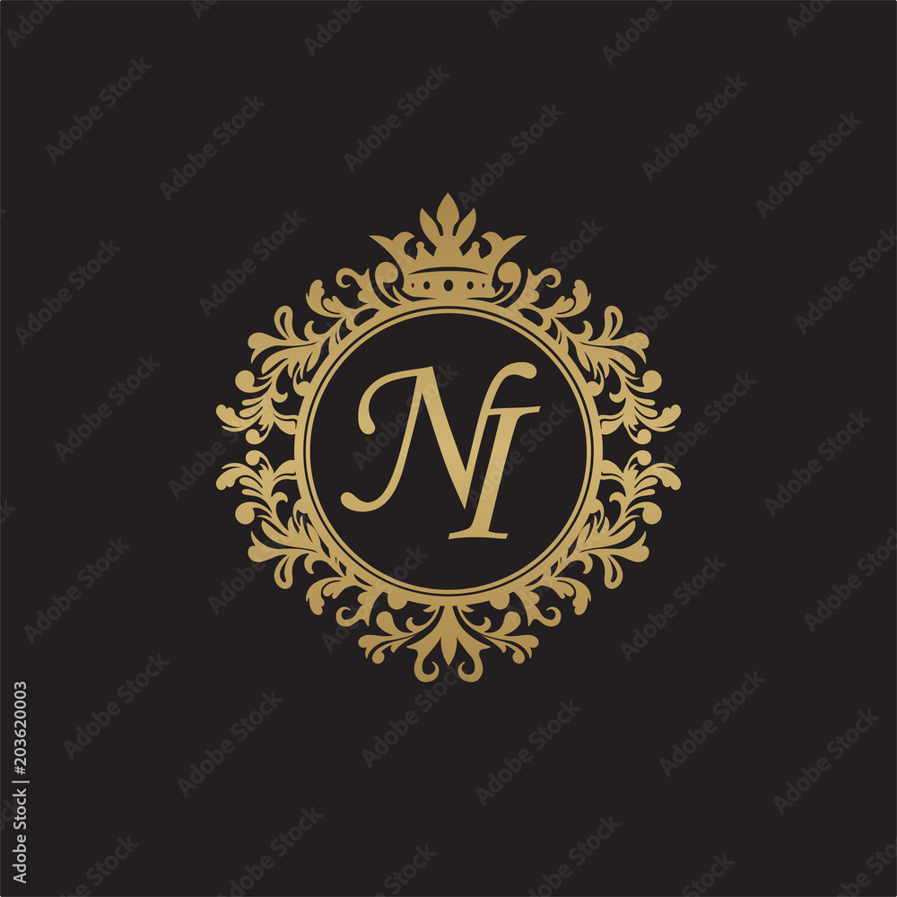 Initial letter NI, overlapping monogram logo, decorative ornament badge, elegant luxury golden color Initial letter NI, overlapping monogram logo, decorative ornament badge, elegant luxury golden color