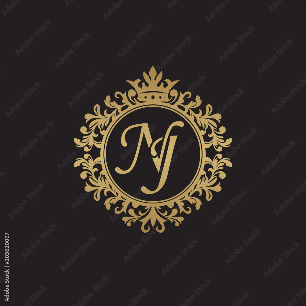 Fototapeta premium Initial letter NJ, overlapping monogram logo, decorative ornament badge, elegant luxury golden color