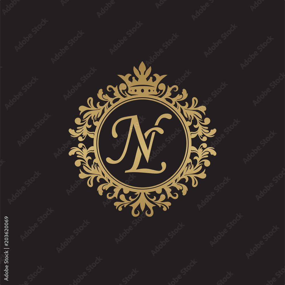 Initial letter NL, overlapping monogram logo, decorative ornament badge, elegant luxury golden color