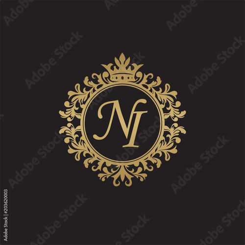 Initial letter NI, overlapping monogram logo, decorative ornament badge, elegant luxury golden color