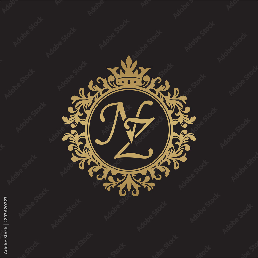 Initial letter NZ, overlapping monogram logo, decorative ornament badge, elegant luxury golden color