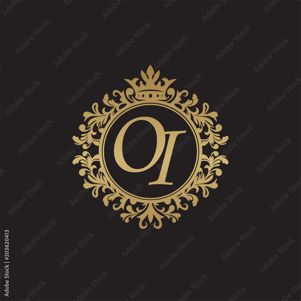 Naklejka premium Initial letter OI, overlapping monogram logo, decorative ornament badge, elegant luxury golden color