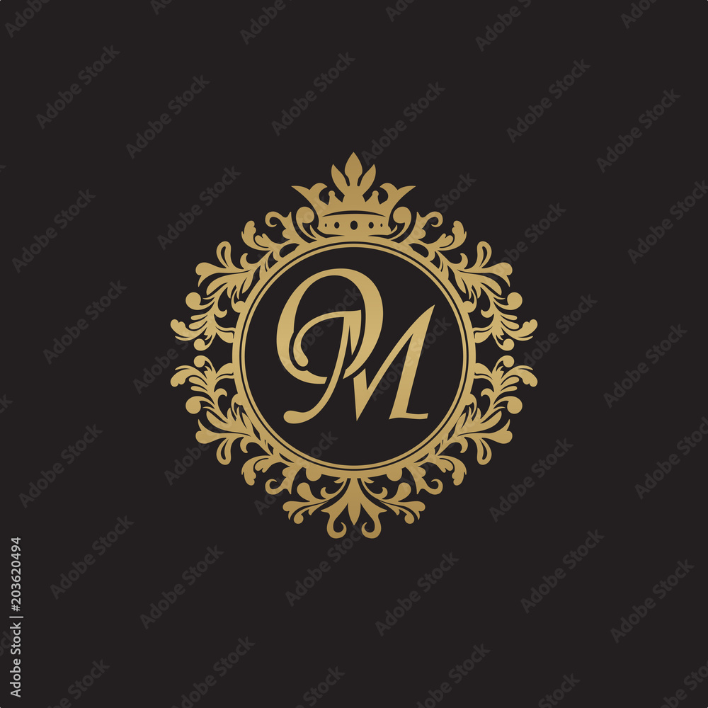 Initial letter OM, overlapping monogram logo, decorative ornament badge, elegant luxury golden color