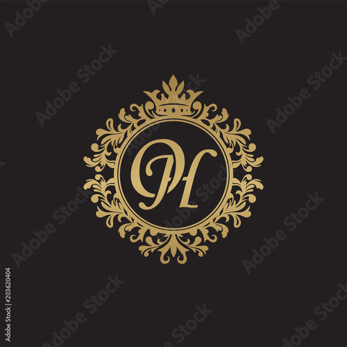 Initial letter OH  overlapping monogram logo  decorative ornament badge  elegant luxury golden color