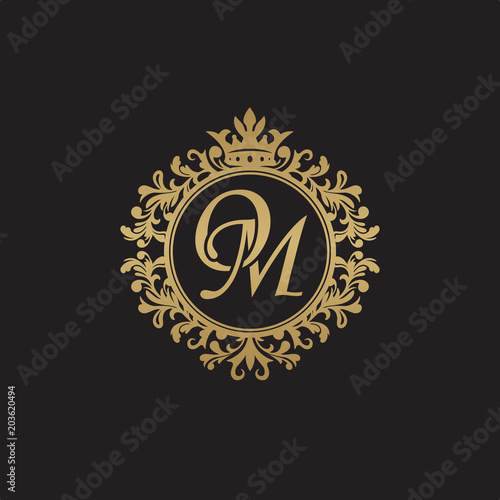 Initial letter OM, overlapping monogram logo, decorative ornament badge, elegant luxury golden color