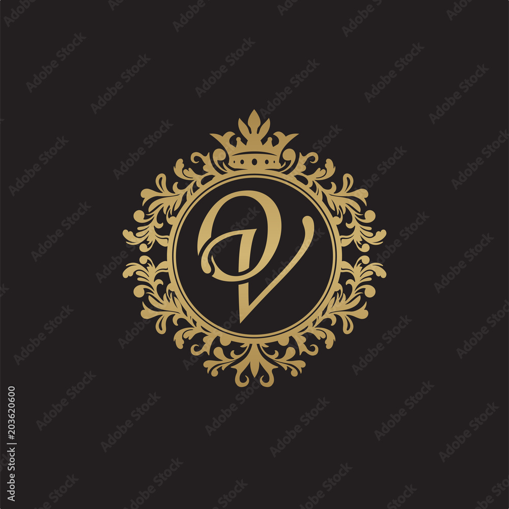 Naklejka premium Initial letter OV, overlapping monogram logo, decorative ornament badge, elegant luxury golden color