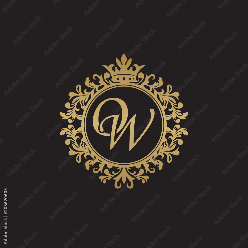 Naklejka premium Initial letter OW, overlapping monogram logo, decorative ornament badge, elegant luxury golden color
