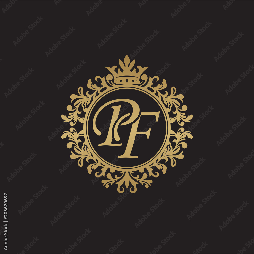 Initial letter PF, overlapping monogram logo, decorative ornament badge, elegant luxury golden color