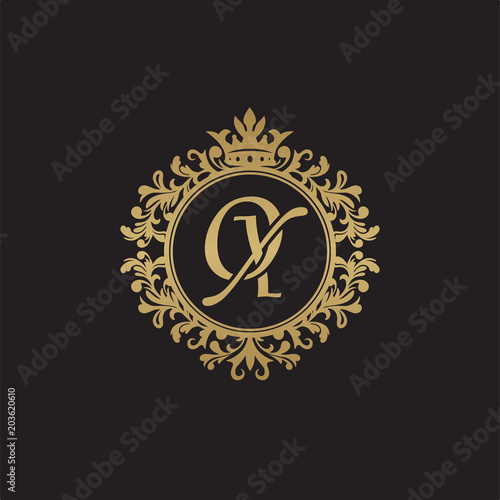 Initial letter OX, overlapping monogram logo, decorative ornament badge, elegant luxury golden color