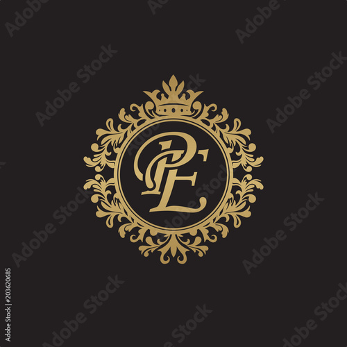 Initial letter PE, overlapping monogram logo, decorative ornament badge, elegant luxury golden color