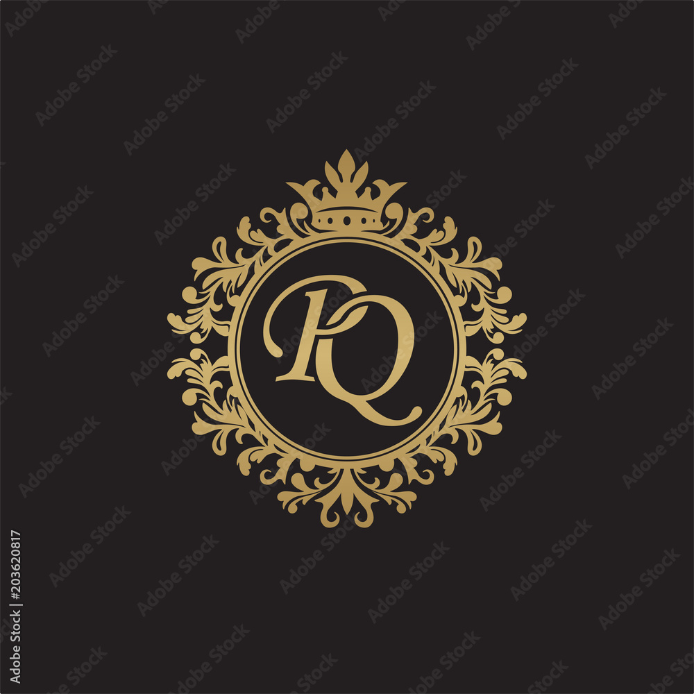 Initial letter PQ, overlapping monogram logo, decorative ornament badge, elegant luxury golden color