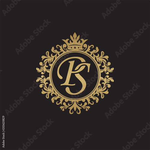 Initial letter PS, overlapping monogram logo, decorative ornament badge, elegant luxury golden color