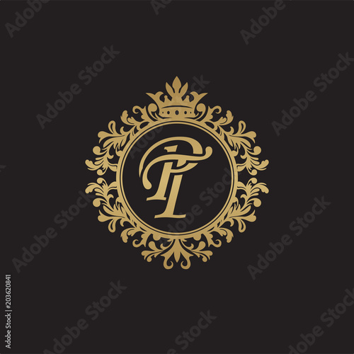 Initial letter PT, overlapping monogram logo, decorative ornament badge, elegant luxury golden color