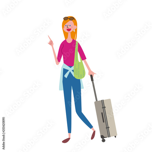 インバウンド　イラスト　観光客　トランクをもつ女性
