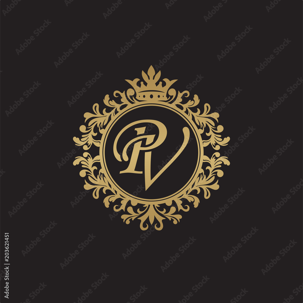 Fototapeta premium Initial letter PV, overlapping monogram logo, decorative ornament badge, elegant luxury golden color