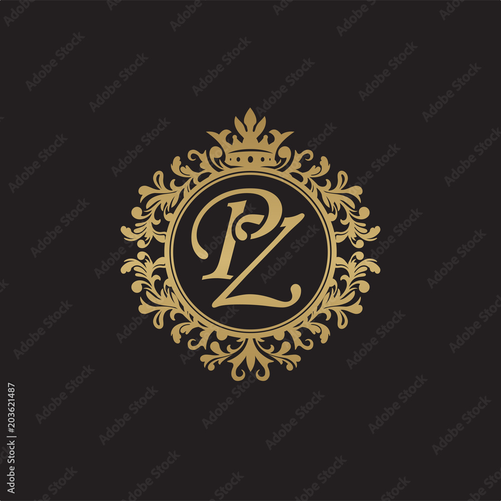 Initial letter PZ, overlapping monogram logo, decorative ornament badge, elegant luxury golden color