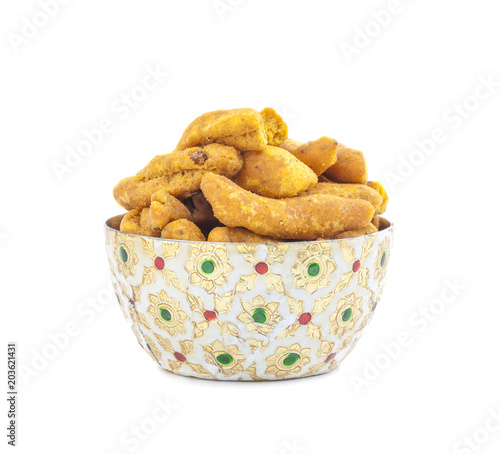 Ganthiya Also know as Gathiya, Ghatiya are deep fried Indian snacks made from chickpea flour. They are a popular teatime snack in Gujarat. They are soft and not crunchy like most other Indian snacks photo