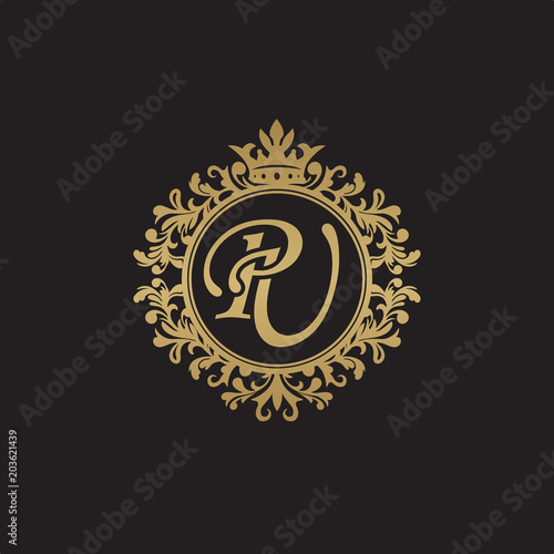 Initial letter PU, overlapping monogram logo, decorative ornament badge, elegant luxury golden color