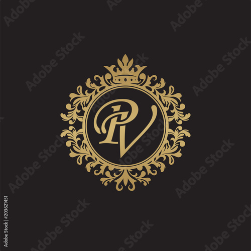 Initial letter PV, overlapping monogram logo, decorative ornament badge, elegant luxury golden color