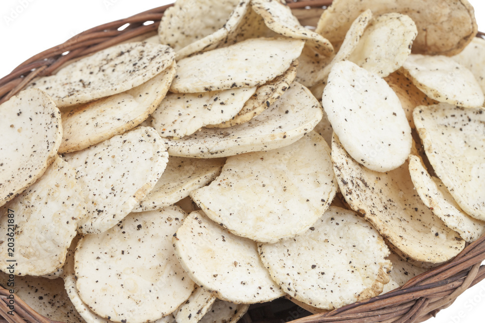 Indian Spicy Potato Chips Also know as Aloo Papri, Aloo Papdi, Alu Papdi, Wafer and Aloo Chips isolated on White Background Indian Spicy Potato Chips Also know as Aloo Papri, Aloo Papdi, Alu Papdi, Wafer and Aloo Chips isolated on White Background