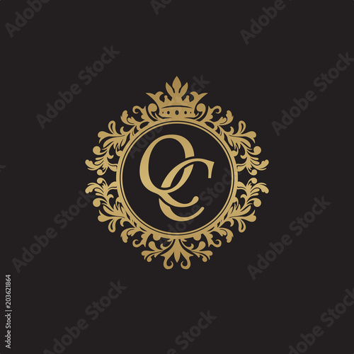 Initial letter QC, overlapping monogram logo, decorative ornament badge, elegant luxury golden color