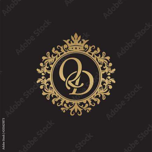 Initial letter QD, overlapping monogram logo, decorative ornament badge, elegant luxury golden color