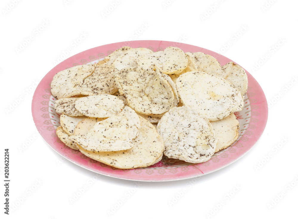 Indian Spicy Potato Chips Also know as Aloo Papri, Aloo Papdi, Alu Papdi, Wafer and Aloo Chips isolated on White Background Indian Spicy Potato Chips Also know as Aloo Papri, Aloo Papdi, Alu Papdi, Wafer and Aloo Chips isolated on White Background