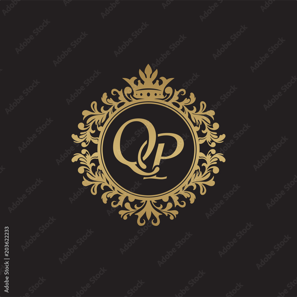 Initial letter QP, overlapping monogram logo, decorative ornament badge, elegant luxury golden color