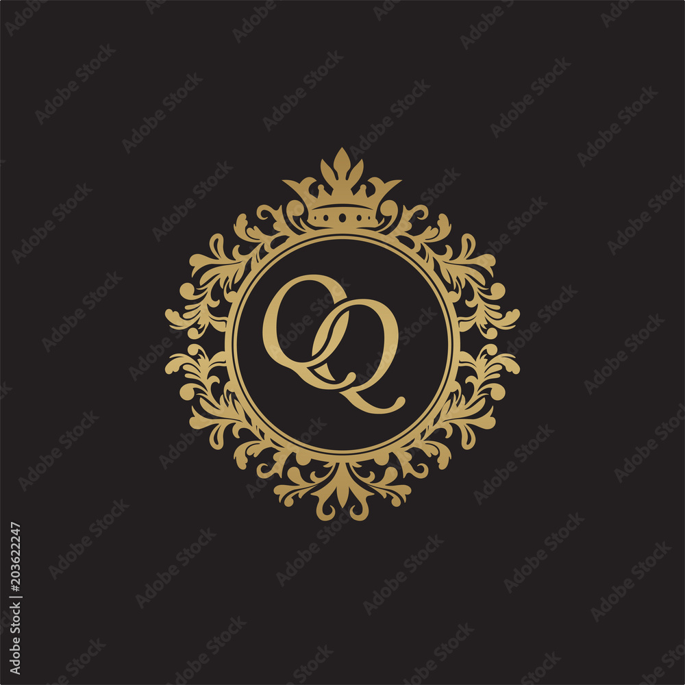 Fototapeta premium Initial letter QQ, overlapping monogram logo, decorative ornament badge, elegant luxury golden color