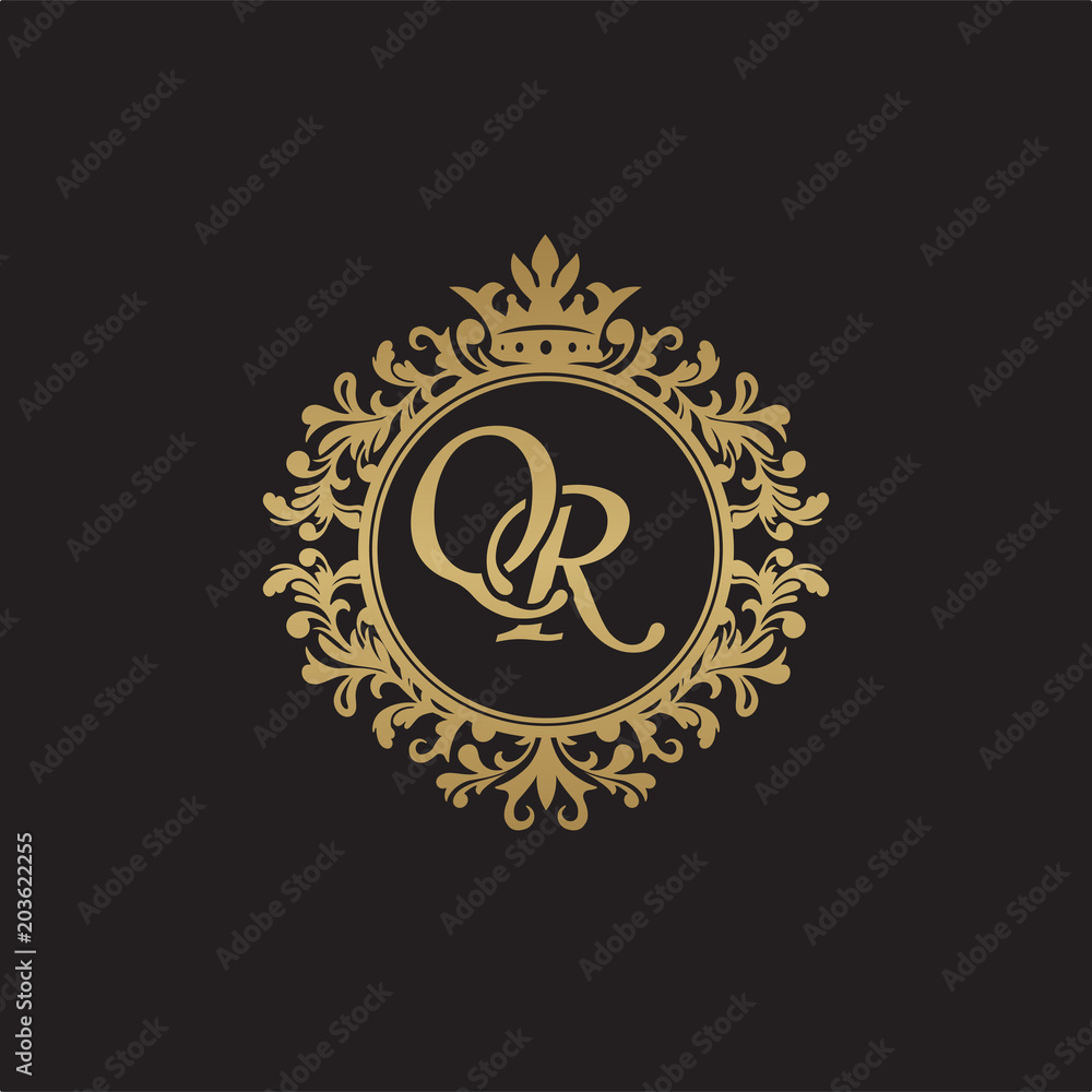 Fototapeta premium Initial letter QR, overlapping monogram logo, decorative ornament badge, elegant luxury golden color