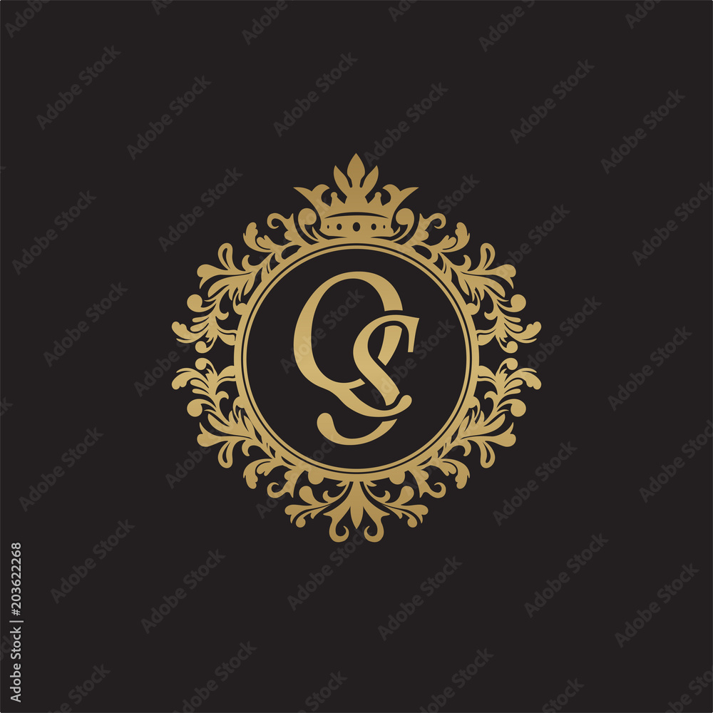 Naklejka premium Initial letter QS, overlapping monogram logo, decorative ornament badge, elegant luxury golden color