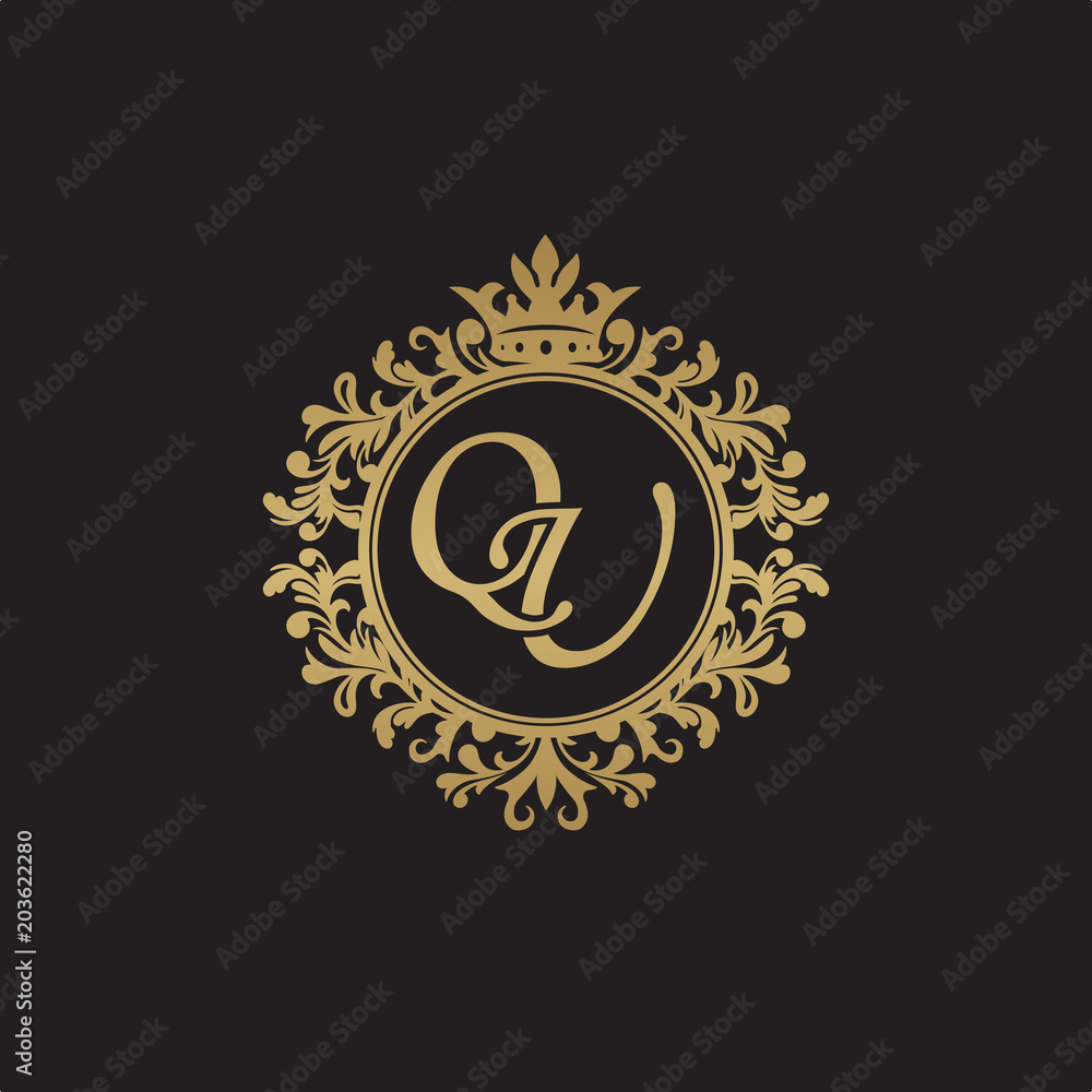 Initial letter QU, overlapping monogram logo, decorative ornament badge, elegant luxury golden color Initial letter QU, overlapping monogram logo, decorative ornament badge, elegant luxury golden color