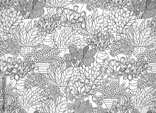 Horizontal card with cute cartoon plants and flowers in pots and tulips.