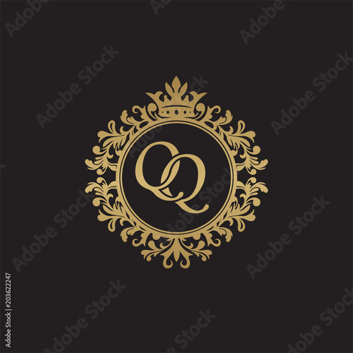 Initial letter QQ, overlapping monogram logo, decorative ornament badge, elegant luxury golden color