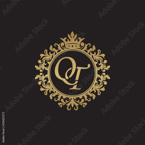 Initial letter QT, overlapping monogram logo, decorative ornament badge, elegant luxury golden color