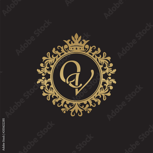 Initial letter QV, overlapping monogram logo, decorative ornament badge, elegant luxury golden color