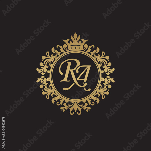 Initial letter RA, overlapping monogram logo, decorative ornament badge, elegant luxury golden color