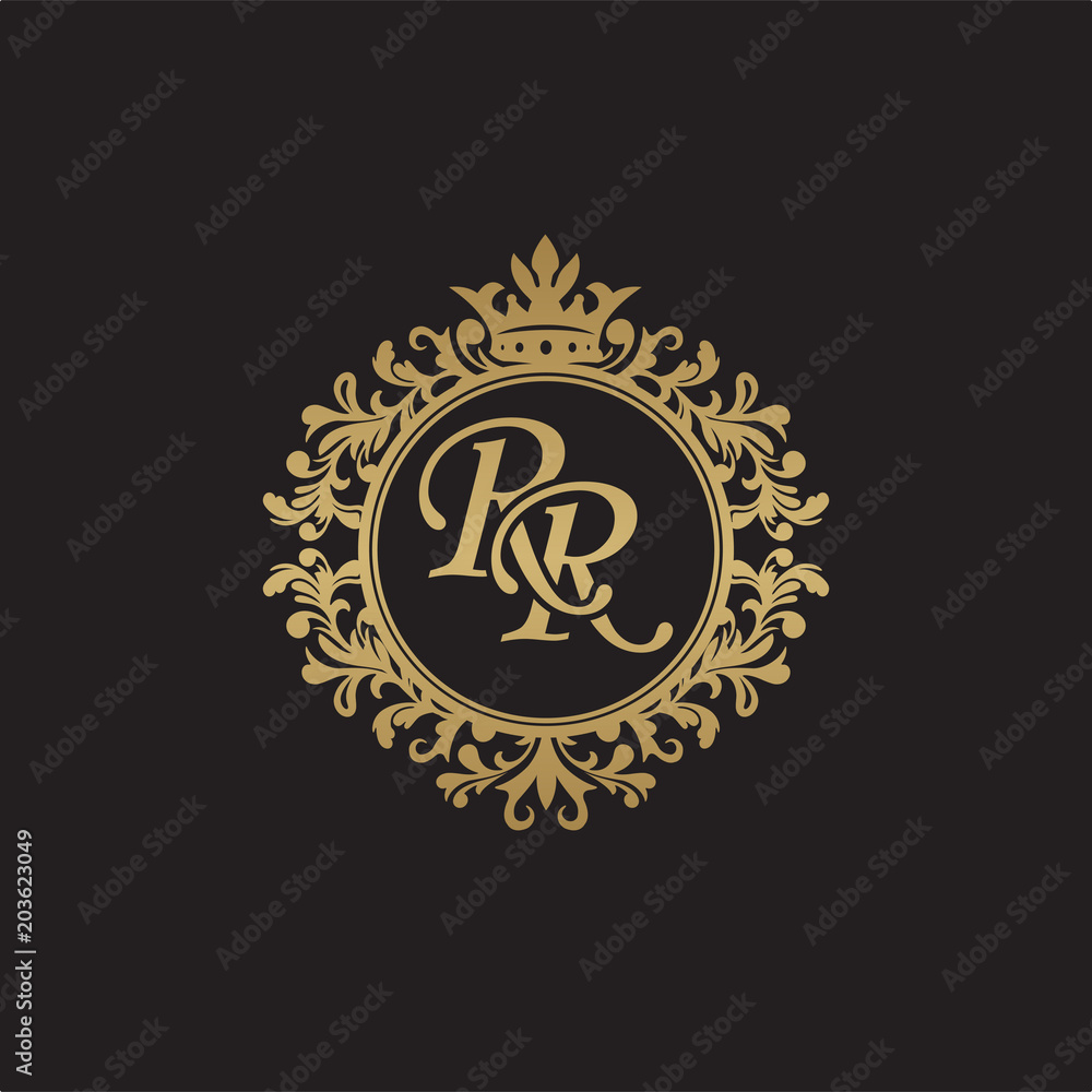 Initial letter RR, overlapping monogram logo, decorative ornament badge, elegant luxury golden color