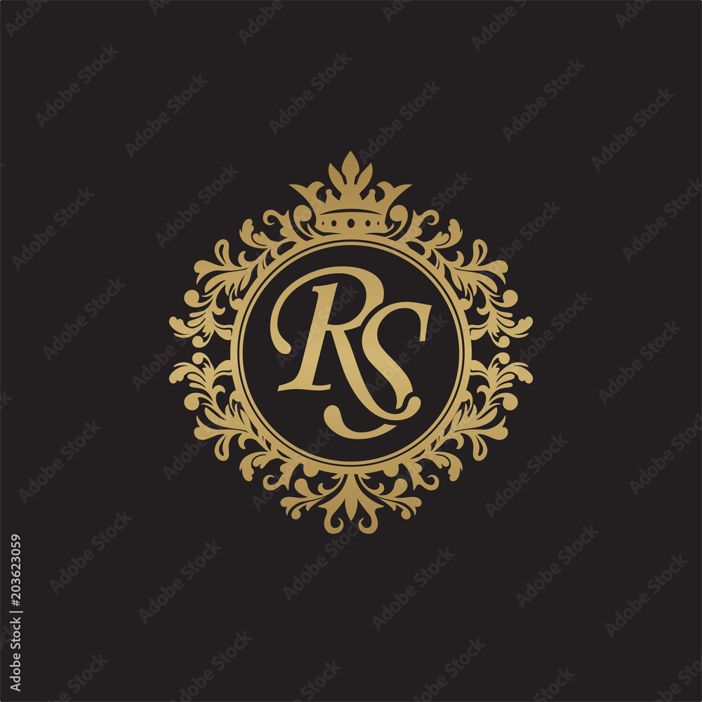 Naklejka premium Initial letter RS, overlapping monogram logo, decorative ornament badge, elegant luxury golden color