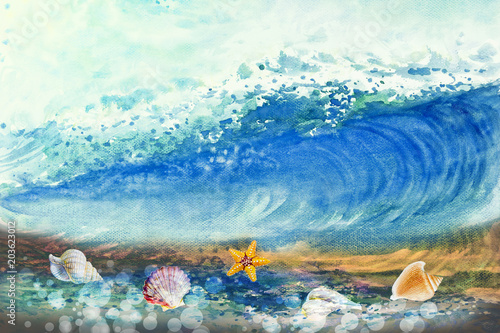 Watercolor painting big sea wave.