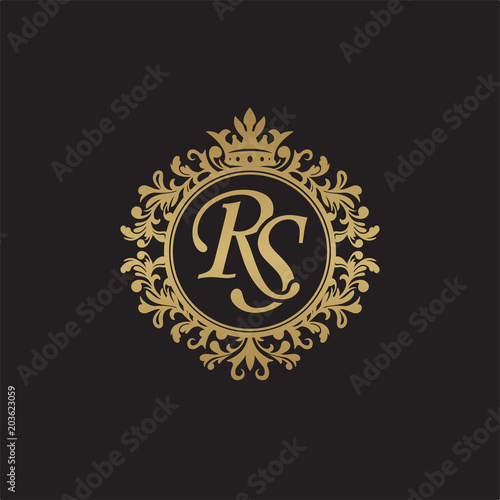 Initial letter RS, overlapping monogram logo, decorative ornament badge, elegant luxury golden color
