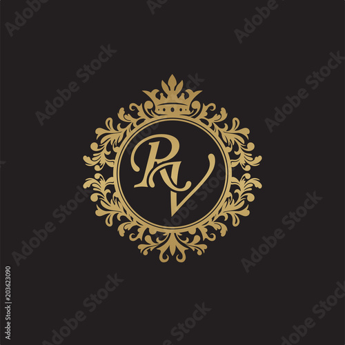 Initial letter RV, overlapping monogram logo, decorative ornament badge, elegant luxury golden color