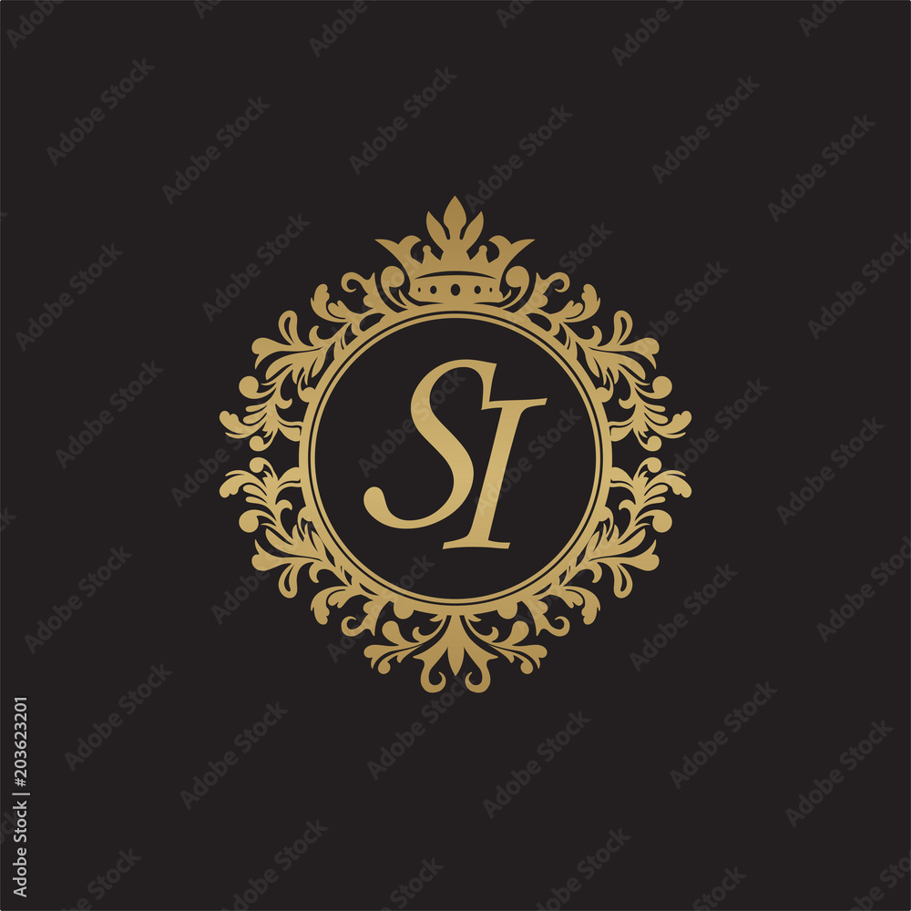 Initial letter SI, overlapping monogram logo, decorative ornament badge, elegant luxury golden color