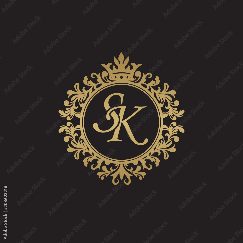 Initial letter SK, overlapping monogram logo, decorative ornament badge, elegant luxury golden color
