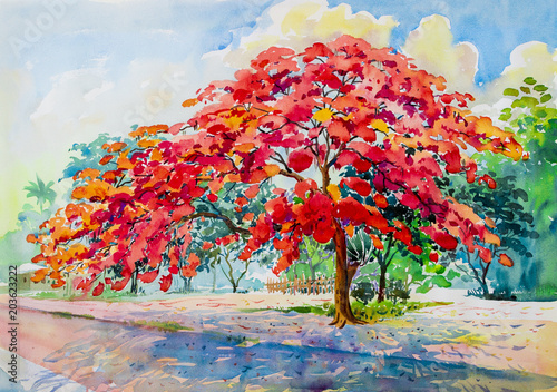 Obraz na płótnie Akwarela krajobraz oryginalny obraz kolorowy pawie kwiaty.