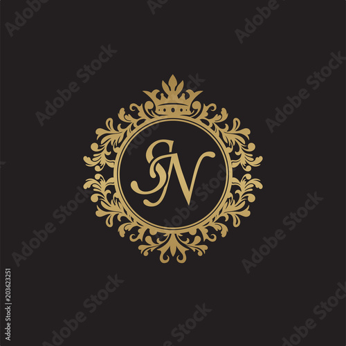 Initial letter SN, overlapping monogram logo, decorative ornament badge, elegant luxury golden color